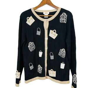 Talbots Cardigan Sweater Shopping Bag Basket Theme Tan Black - M